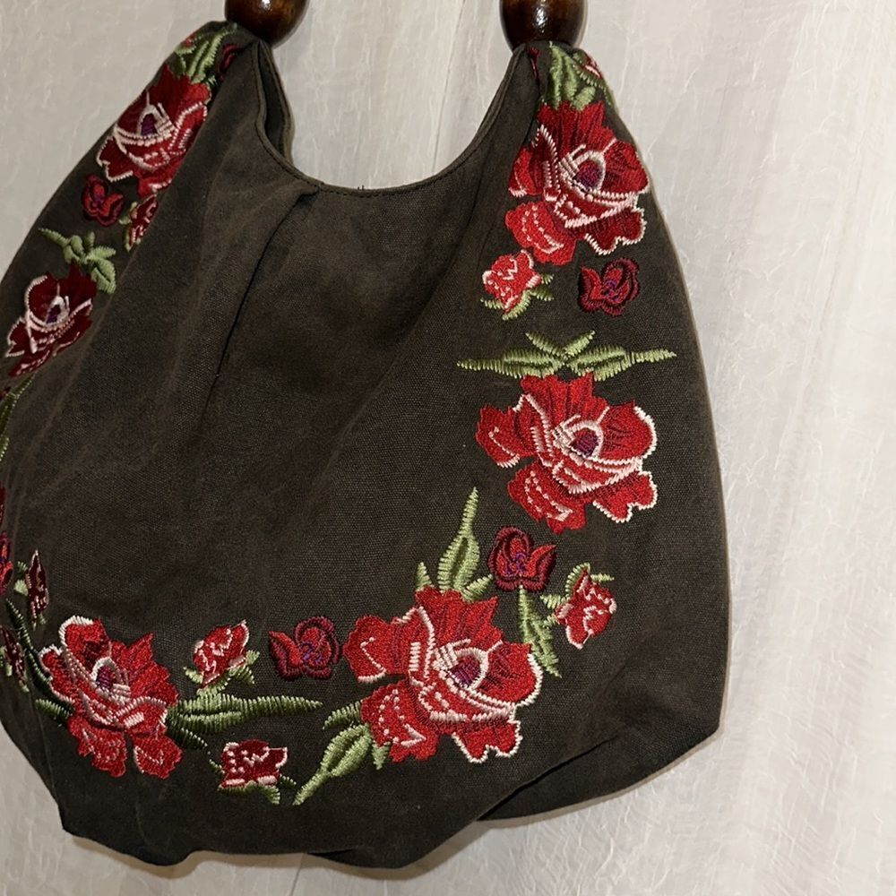 ASOS Forever New Camo Green Canvas Red Burgundy Pink Floral Embroidered Hobo Bag - Picture 5 of 12